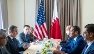 Deputy Prime Minister and Minister of Foreign Affairs H E Sheikh Mohammed bin Abdulrahman Al Thani with US Secretary of State H E Antony Blinken in Phnom Penh, Cambodia, yesterday.