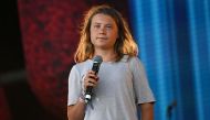 Climate activist Greta Thunberg speaks on the Pyramid stage at Worthy Farm in Somerset during the Glastonbury Festival in Britain, June 25, 2022. REUTERS/Dylan Martinez/Files


