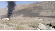 A still image from video, released by the Kyrgyz border guard service, shows what it said to be active military confrontation on Kyrgyz-Tajik border as seen from an unidentified location in the Batken region, Kyrgyzstan, on September 16, 2022. Kyrgyz Border Guard Service/Handout via REUTERS.