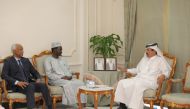 Governor of Darfur region of the Republic of Sudan Minni Arko Minawi, Ambassador of the Republic of Sudan to Qatar H E Ahmed Abdel-Rahman Siwar Al Dahab, and Qatar Chamber First Vice-Chairman Mohamed bin Towar Al Kuwari, during the meeting. 