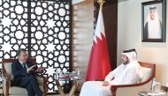 Minister of Commerce and Industry H E Sheikh Mohammed bin Hamad bin Qassim Al Thani with the Executive Director of the German Federal Association for Small and Medium-sized Businesses (BVMW)  Markus Jerger, during the meeting in Doha. 
