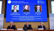 Secretary General of the Royal Swedish Academy of Sciences Hans Ellegren, Eva Olsson and Thors Hans Hansson, members of the Nobel Committee for Physics announce the winners of the 2022 Nobel Prize in Physics Alain Aspect, John F. Clauser and Anton Zeilinger, during a news conference at The Royal Swedish Academy of Sciences in Stockholm, Sweden, October 4, 2022. TT News Agency/ Jonas Ekstromervia REUTERS