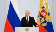 Russian President Vladimir Putin delivers a speech during a ceremony to declare the annexation of the Russian-controlled territories of four Ukraine's Donetsk, Luhansk, Kherson and Zaporizhzhia regions in the Georgievsky Hall of the Great Kremlin Palace in Moscow, Russia, on September 30, 2022. (Reuters)