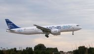 The MC-21-310 medium-range airliner, fitted with the Russian Aviadvigatel PD-14 turbofan engines, performs a test flight at the Ramenskoye airfield in the Moscow region, Russia, on August 10, 2022. File Photo / Reuters