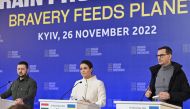 Ukraine's President Volodymyr Zelensky, Hungary's President Katalin Novak and Poland's Prime Minister Mateusz Morawiecki attend a press briefing after the International Summit on Food Security in Kyiv on November 26, 2022, amid the Russian invasion of Ukraine. (Photo by Genya SAVILOV / AFP)