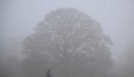 A dog walker makes their way through fog on a frosty morning at Primrose Hill in north London on December 11, 2022. (Photo by Justin TALLIS / AFP)