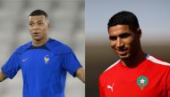 France's forward Kylian Mbappe gestures during a training session at the Al Sadd SC in Doha on December 13, 2022, on the eve of the Qatar 2022 World Cup football semi-final match between France and Morocco. Photo by FRANCK FIFE / AFP (left), and November 22, 2022 Morocco's Achraf Hakimi during training REUTERS/Amanda Perobelli (right)