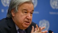 UN Secretary-General Antonio Guterres delivers remarks during the End of Year Press Conference at the UN headquarters in New York City on December 19, 2022. (Photo by Ed Jones / AFP)