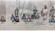 This file court-sketch made on September 5, 2022 shows defendants (from left to right) Enkeledja Zace, Artan Henaj, Maksim Celaj, Chokri Chafroud, Endri Elezi, Ramzi Arefa and Mohamed Ghraieb as they attend the opening day of the trial of suspects over the 2016 Nice truck attack which killed 86 people and injured over 400, in the courthouse in Paris. (Photo by Benoit PEYRUCQ / AFP)
 