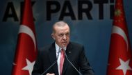 Turkish President Tayyip Erdogan speaks during a meeting of his ruling AK Party in Ankara, Turkey, on January 5, 2023. Presidential Press Office/Handout via REUTERS