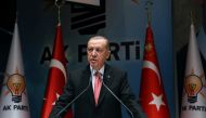 Turkish President Tayyip Erdogan speaks during a meeting of his ruling AK Party in Ankara, Turkey on January 5, 2023. Presidential Press Office/Handout via REUTERS