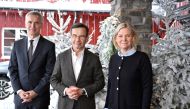NATO Secretary General Jens Stoltenberg meets with Sweden's Prime Minister Ulf Kristersson and former Prime Minister Magdalena Andersson during the annual Society and Defence Conference in Salen, Sweden, January 8, 2023. (TT News Agency/Henrik Montgomery via REUTERS)