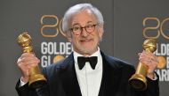 US director Steven Spielberg poses with the awards for Best Director - Motion Picture and Best Picture - Drama for 