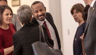Ethiopia Prime Minister Abiy Ahmed receives German Federal Minister for Foreign Affairs, Annalena Baerbock (left) and French Foreign and European Affairs Minister, Catherine Colonna (third right) and their delegations at the Prime Minister office in Addis Ababa, Ethiopia, on January 12, 2023. (Photo by Amanuel Sileshi / AFP)
