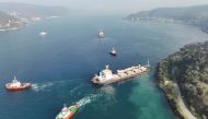 Palau flagged bulker MKK1, carrying grain under UN’s Black Sea grain initiative, is towed free after running aground in Istanbul's Bosphorus, Turkey, January 16, 2023. (REUTERS/Mehmet Emin Caliskan)