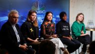 Youth climate activists Greta Thunberg, Vanessa Nakate, Helena Gualinga and Luisa Neubauer take part in a discussion on 