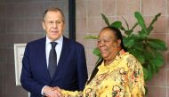 South Africa's Foreign Minister Naledi Pandor shakes hands with Russia's Foreign Minister Sergei Lavrov, ahead of their bilateral meeting in Pretoria, South Africa, January 23, 2023. Reuters/Siphiwe Sibeko