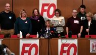 French union Union syndicale Solidaires (SUD) co-general delegate Murielle Guilbert (C-L), French Democratic Confederation of Labour (CFDT) national secretary Marylise Leon (C-R) French Force Ouvriere 