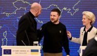 Ukrainian President Volodymyr Zelensky (C), President of the European Commission Ursula von der Leyen (R) and European Council President Charles Michel (L) speak at the end of a joint press conference during an EU-Ukraine summit in Kyiv on February 3, 2023