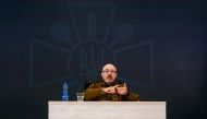 Ukrainian Defence Minister Oleksii Reznikov gestures as he speaks during a press conference in Kyiv on February 5, 2023, amid the Russian invasion of Ukraine. (Photo by Dimitar DILKOFF / AFP)