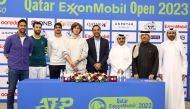 FROM LEFT: Spain's Fernando Verdasco, France's Quentin Halys, Italy's Lorenzo Sonego, Russia's Andrei Rublev, Qatar ExxonMobil Open 2023 Tournament Director Karim Alami, Qatar Tennis, Badminton and Squash Federation Secretary General Tariq Zainal, Vice-President of Governmental and Public Affairs at ExxonMobil Saleh Al Mana, and Qatar TotalEnergies Open 2023 Tournament Director Saad Al Mohannadi following the draw ceremony, yesterday.