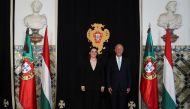 Hungarian President Katalin Novak (left) and Portuguese President Marcelo Rebelo de Sousa pose at the Belem Palace in Lisbon on February 23, 2023. (Photo by FILIPE AMORIM / AFP)