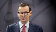 Poland's Prime Minister Mateusz Morawiecki speaks during a press conference with Denmark's Prime Minister after a meeting at Christiansborg Castle, the Danish Parliament building, in Copenhagen, Denmark, on February 23, 2023. (Photo by Liselotte Sabroe / Ritzau Scanpix / AFP)