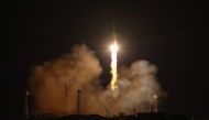 This handout picture taken and released by the Russian space agency Roscosmos shows the unmanned Soyuz MS-23 replacement spacecraft taking off to the International Space Station (ISS) from the Baikonur Cosmodrome in Kazakhstan on February 24, 2023. (AFP)