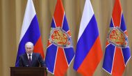 Russian President Vladimir Putin gives a speech during a meeting of the Federal Security Service (FSB) Board in Moscow on February 28, 2023. (Photo by Gavriil Grigorov / SPUTNIK / AFP)