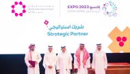 Expo 2023 National Committee’s Chairman and Minister of Municipality, HE Dr. Abdullah bin Abdulaziz bin Turki Al Subaie (center), Qatar Airways Group CEO and Qatar Tourism Chairman, HE Akbar Al Baker (second left), Expo 2023 Doha Commissioner General, HE Bader Omar Ismail Al Dafa (second right), Hamad International Airport COO, Engr. Badr Al Meer (left), and Expo 2023 Doha Secretary General, Muhammad Al Khouri (right) during the signing ceremony.