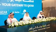 Qatar Airways Group Chief Executive and Qatar Tourism Chairman, HE Akbar Al Baker (center), Hamad International Airport Chief Operating Officer, Engr. Badr Mohammed Al Meer (left), and Hayya Platform CEO, Saeed Ali Al Kuwari during the Hayya Portal press conference at Hamad International Airport today.