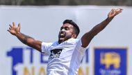Sri Lanka's Asitha Fernando appeals unsuccessfully for a Leg Before Wicket (LBW) decision against Ireland's James McCollum (not pictured) during the second day of the first cricket Test match between Sri Lanka and Ireland at the Galle International Cricket Stadium in Galle on April 17, 2023. (Photo by Ishara S. Kodikara/ AFP)