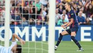 Barcelona's Norwegian forward Caroline Hansen celebrates after scoring her team's first goal during the UEFA Champions League semi-final second leg football match between FC Barcelona and Chelsea at the Camp Nou stadium in Barcelona on April 27, 2023. (Photo by LLUIS GENE / AFP)