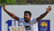 Sri Lanka's Prabath Jayasuriya unsuccessfully appeals for a Leg Before Wicket (LBW) decision against Ireland's Andrew Balbirnie (not pictured) during the fourth day of the second and final cricket Test match between Sri Lanka and Ireland at the Galle International Cricket Stadium in Galle on April 27, 2023. Photo by Ishara S. KODIKARA / AFP