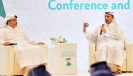 Minister of Municipality H E Dr. Abdullah bin Abdulaziz bin Turki Al Subaie  (left) and Minister of Environment and Climate Change H E Sheikh Dr. Faleh bin Nasser bin Ahmed bin Ali Al Thani during the discussion. 