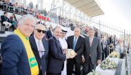 Qatar Football Association President Sheikh Hamad bin Khalifa bin Ahmed Al Thani with Palestinian Minister of Sports and President of Palestinian Football Association Lieutenant General H E Jibril Rajoub and other officials at the inauguration of the Pele Stadium in Bethlehem.