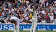 Australia's Josh Hazlewood (R) celebrates after taking the wicket of England's captain Ben Stokes (L) for 155 runs on day five of the second Ashes cricket Test match between England and Australia at Lord's cricket ground in London on July 2, 2023. (Photo by Ian Kington / AFP) 