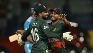 Bangladesh's wicketkeeper Litton Das and Mahedi Hasan celebrate their win over Indian during the Asia Cup 2023 Super Four one-day international (ODI) cricket match between India and Bangladesh at the R. Premadasa Stadium, in Colombo on September 15, 2023. (Photo by Farooq Naeem / AFP)