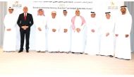 The members of the Executive Office of the Gulf Football Association, led by its President Sheikh Hamad bin Khalifa bin Ahmed Al Thani (centre), pose for a photograph during a meeting held in Kuwait, yesterday. 