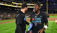 Jazz Chisholm Jr. #2 of the Miami Marlins celebrates after a 7-3 win over the Pittsburgh Pirates to clinch a National League Wildcard berth at PNC Park on September 30, 2023 in Pittsburgh, Pennsylvania. (Photo by Joe Sargent / GETTY IMAGES NORTH AMERICA / Getty Images via AFP)
