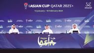 AFC Asian Cup Qatar 2023 Local Organizing Committee's Marketing and Communications Executive Director Hassan Al Kuwari (centre) and Qatar Tourism Chief of Marketing and Promotion Sector Eng. Abdulaziz Ali Al Mawlawi (right) during a press conference, yesterday.