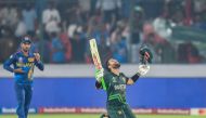 Pakistan's Mohammad Rizwan celebrates after winning the 2023 ICC Men's Cricket World Cup one-day international (ODI) match between Pakistan and Sri Lanka at the Rajiv Gandhi International Stadium in Hyderabad on October 10, 2023. (Photo by Noah Seelam / AFP) 
