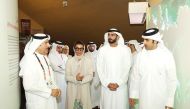 Minister of Culture H E Sheikh Abdulrahman bin Hamad Al Than (first right), Minister of State at the Ministry of Foreign Affairs of the UAE H E Noura bint Mohammed Al Kaabi (centre), and other officials touring the Expo 2023 Doha yesterday.