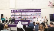 Qatar Tennis, Squash, and Badminton Federation officials and the representatives of sponsors with the players during the official draw ceremony held at the Khalifa International Tennis and Squash Complex, yesterday.
