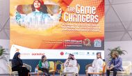 President of the Qatar Boxing and Wrestling Federation Sheikh Fahad Al Thani (centre) speaks during the forum.  

