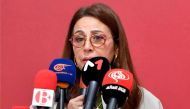 Dalila Ben Mbarek, the lawyer and member of the defense committee of detainees accused of involvement in a conspiracy case against state security, addresses a press conference in Tunis on February 21, 2024. (Photo by FETHI BELAID / AFP)
