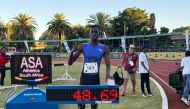 Ismail Doudai Abakar celebrates after winning the men's 400m hurdles event at the ASA Athletics Grand Prix 1 / Continental Tour Challenger 2024.