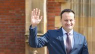 Ireland's Prime Minister Leo Varadkar speaks to journalists as he leaves on the final day of a conference to mark the 25th anniversary of the Good Friday Agreement, at Queen's University in Belfast on April 19, 2023. Photo Credit: PAUL FAITH / AFP.