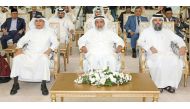 Minister of Awqaf and Islamic Affairs H E Ghanem bin Shaheen Al Ghanem (centre), Undersecretary of the Ministry of Education and Higher Education (MoEHE) Dr. Ibrahim bin Saleh Al Nuaimi (left) and Director of General Directorate of Endowments Dr Sheikh Khalid bin Mohammed bin Ghanem Al Thani during honuring ceremony.