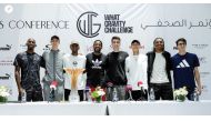 From left: Puerto Rico's Luis Castro Rivera, Ukraine’s Bohdan Bondarenko, Qatar's Mutaz Barshim, Cuba's World record holder Javier Sotomayor, New Zealand’s Hamish Kerr, South Korea's Sanghyeok Woo and USA’s JuVaughn Harrison pose for a photograph. PIC: what gravity challenge